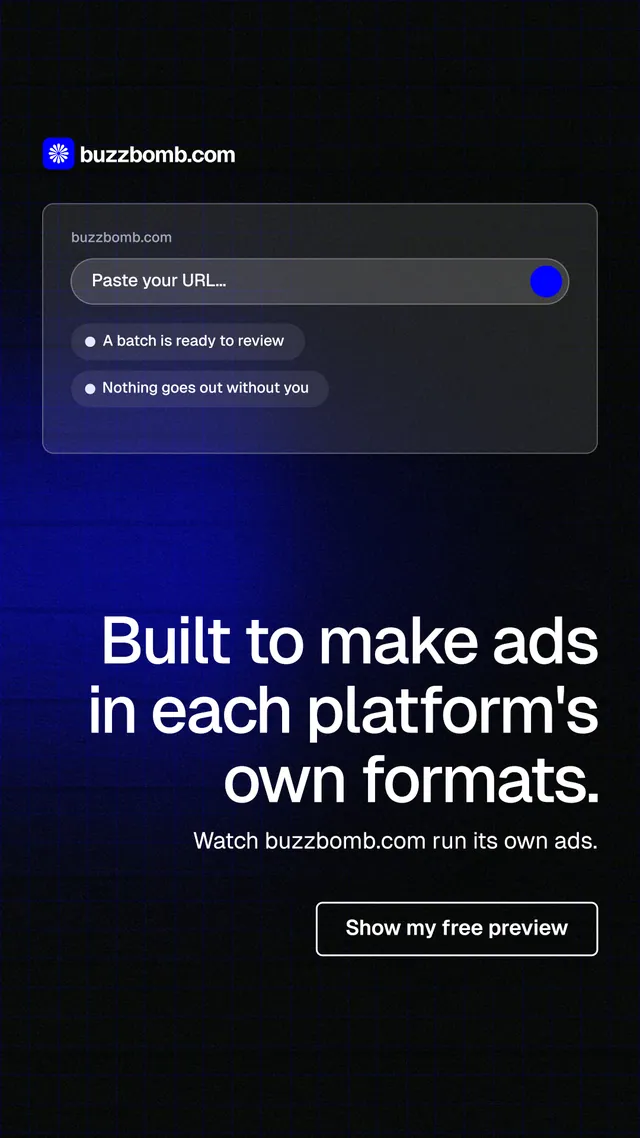 Instagram story for BuzzBomb: "Built to make ads in each platform's own formats." Phosphor atlas style, right layout, dark palette in black, blue, grey.