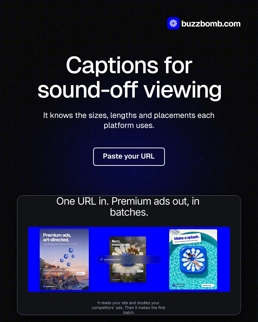 Instagram portrait post for BuzzBomb: "Captions for sound-off viewing". Phosphor atlas style, centred layout, dark palette in black, grey, blue.