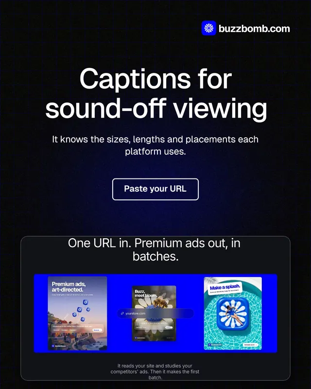 Instagram portrait post for BuzzBomb: "Captions for sound-off viewing". Phosphor atlas style, centred layout, dark palette in black, grey, blue.