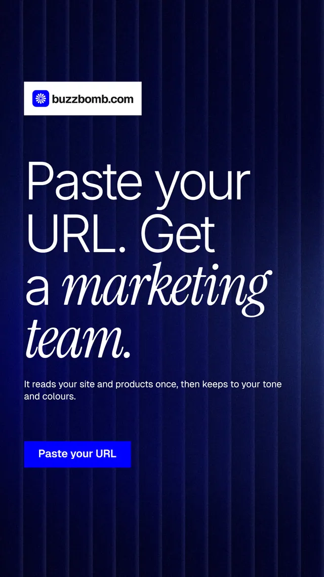 Instagram story for BuzzBomb: "Paste your URL. Get a marketing team." Swiss style, announce layout, dark palette in black, blue, grey.