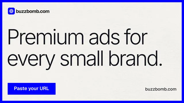 Landscape graphic for BuzzBomb: "Premium ads for every small brand." Swiss style, poster layout, light palette in white, blue.