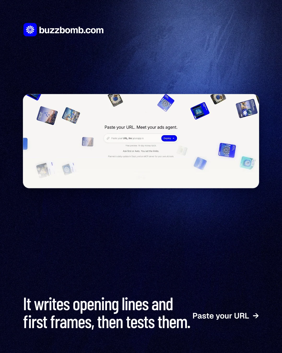 Instagram portrait post for BuzzBomb: "It writes opening lines and first frames, then tests them." Dark deco style, image led layout, dark palette in white, black, blue.