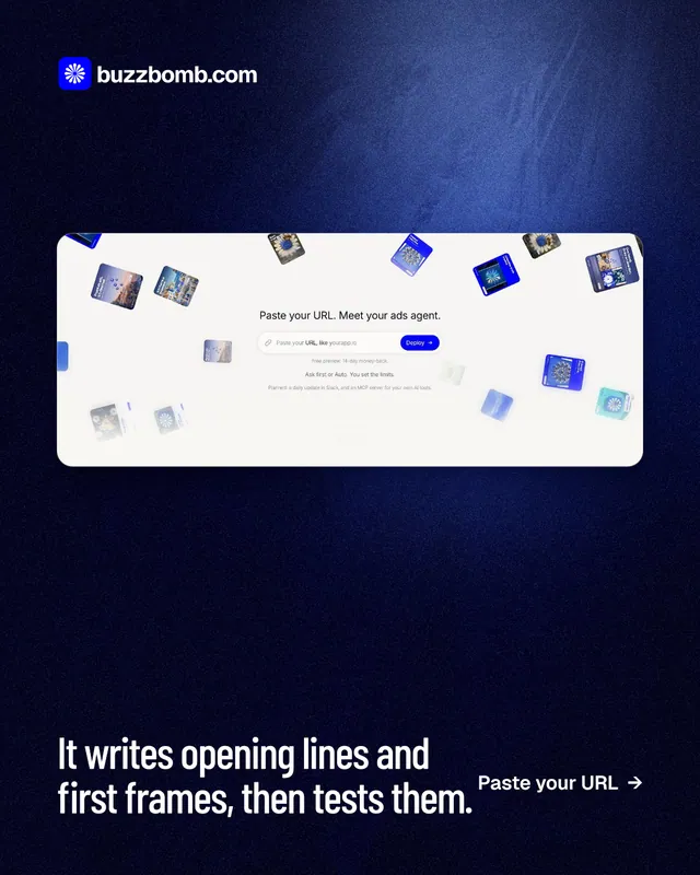 Instagram portrait post for BuzzBomb: "It writes opening lines and first frames, then tests them." Dark deco style, image led layout, dark palette in white, black, blue.