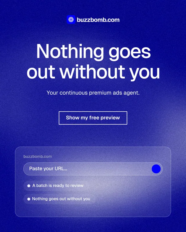 Instagram portrait post for BuzzBomb: "Nothing goes out without you". Cyanotype style, centred layout, dark palette in blue.