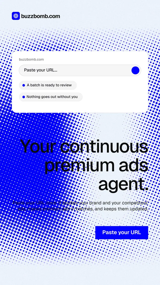 Instagram story for BuzzBomb: "Your continuous premium ads agent." Swiss style, right layout, light palette in white, blue.