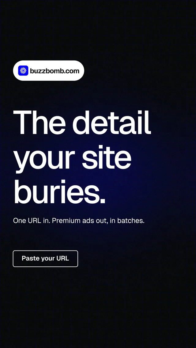 Instagram story for BuzzBomb: "The detail your site buries." Phosphor atlas style, announce layout, dark palette in black, grey.