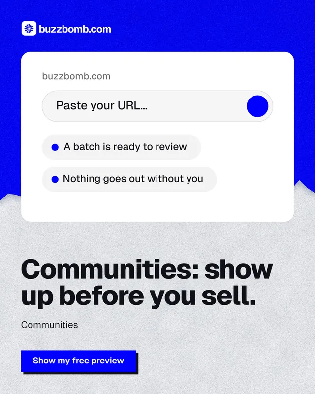 Instagram portrait post for BuzzBomb: "Communities: show up before you sell." Paper trio style, bottom layout, light palette in white, blue, grey.
