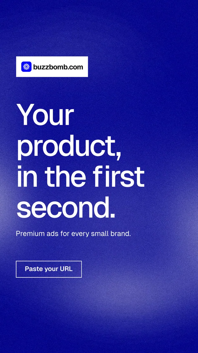 Instagram story for BuzzBomb: "Your product, in the first second." Cyanotype style, announce layout, dark palette in blue.