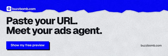X header for BuzzBomb: "Paste your URL. Meet your ads agent." Paper trio style, poster layout, light palette in white, blue, grey.