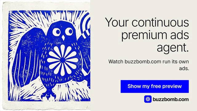 Landscape graphic for BuzzBomb: "Your continuous premium ads agent." Swiss style, right layout, light palette in yellow, blue, grey.
