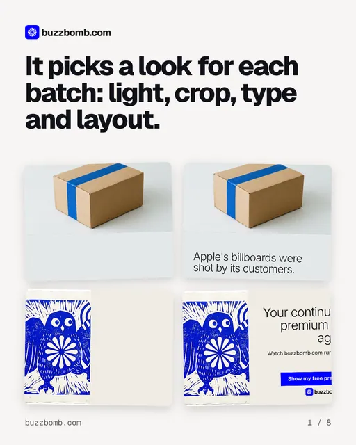 Carousel for BuzzBomb: "It picks a look for each batch: light, crop, type and layout.". Collection carousel, 8 slides, light palette.