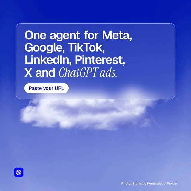 Instagram post for BuzzBomb: "One agent for Meta, Google, TikTok, LinkedIn, Pinterest, X and ChatGPT ads." Glass style, technique:pexels ingredient layout, light palette in blue.