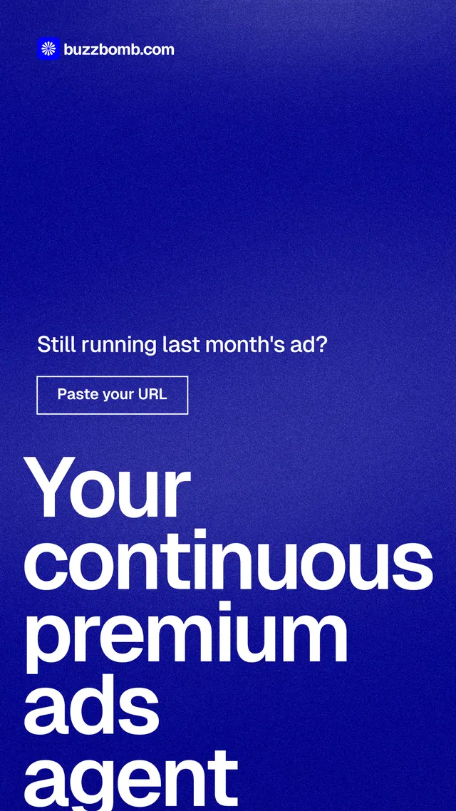 Instagram story for BuzzBomb: "Your continuous premium ads agent." Cyanotype style, oversized layout, dark palette in blue.