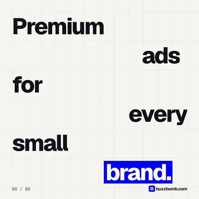 Video for BuzzBomb: "Premium ads for every small brand.". Kinetic type grid, 6.0 s, light palette.