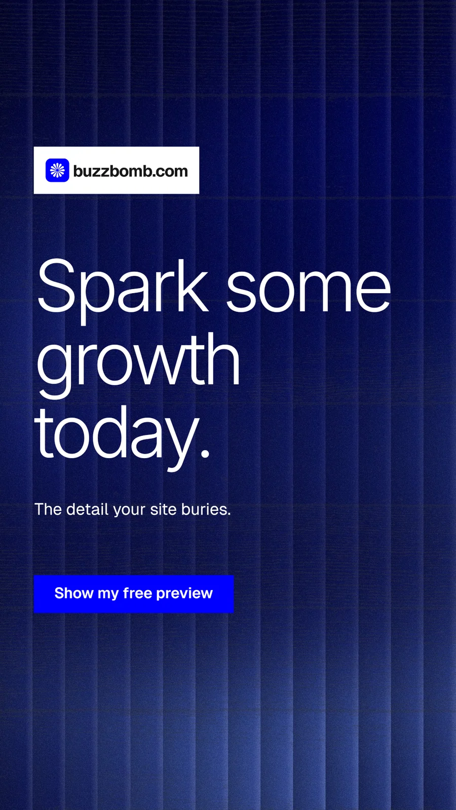 Instagram story for BuzzBomb: "Spark some growth today." Swiss style, announce layout, dark palette in blue.