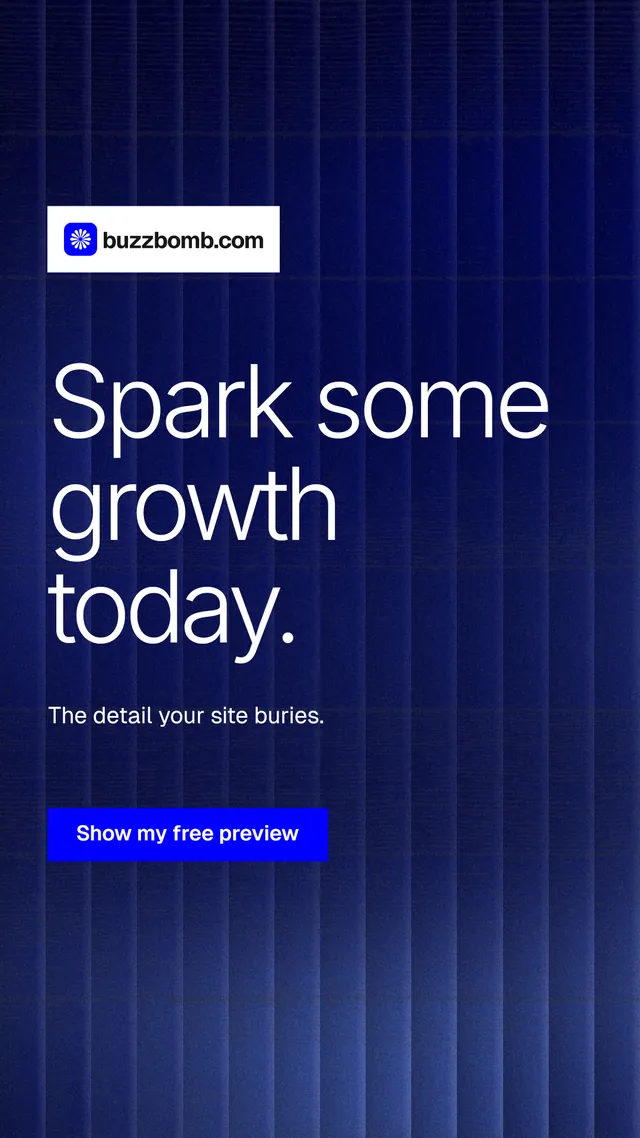 Instagram story for BuzzBomb: "Spark some growth today." Swiss style, announce layout, dark palette in blue.