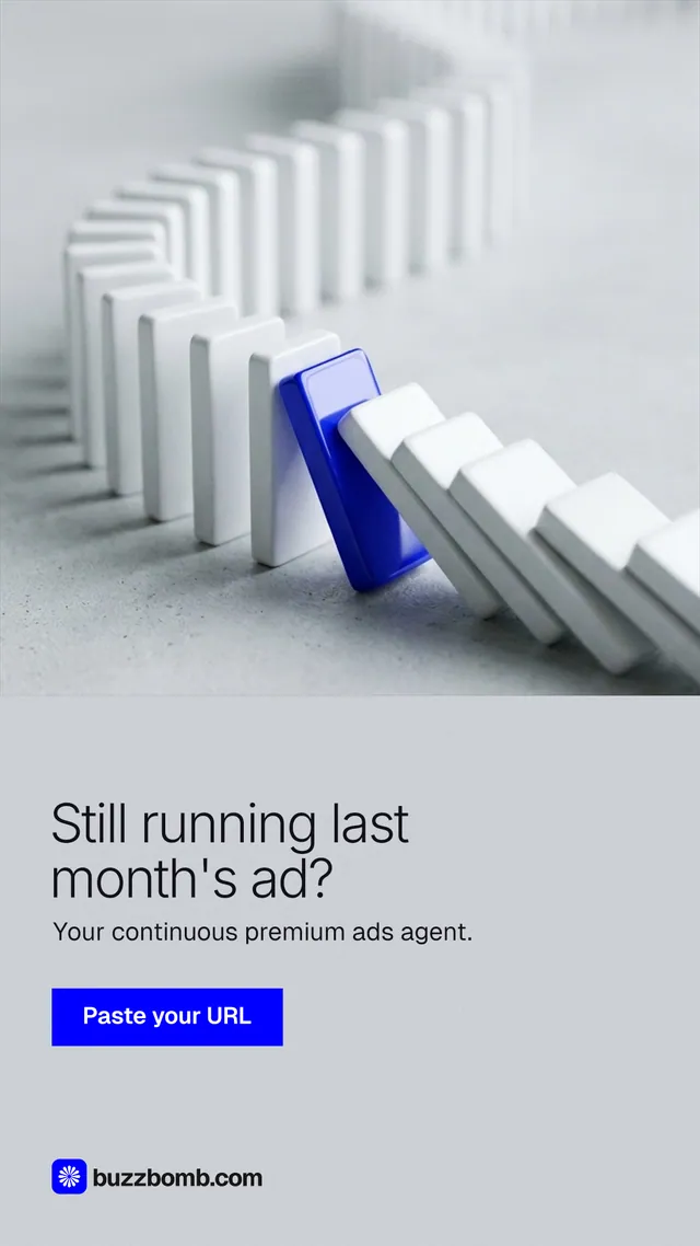 Instagram story for BuzzBomb: "Still running last month's ad?" Swiss style, bottom layout, light palette in white, grey.