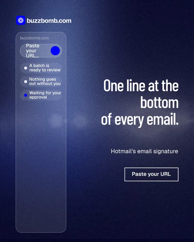 Instagram portrait post for BuzzBomb: "One line at the bottom of every email." Dark deco style, right layout, dark palette in blue.