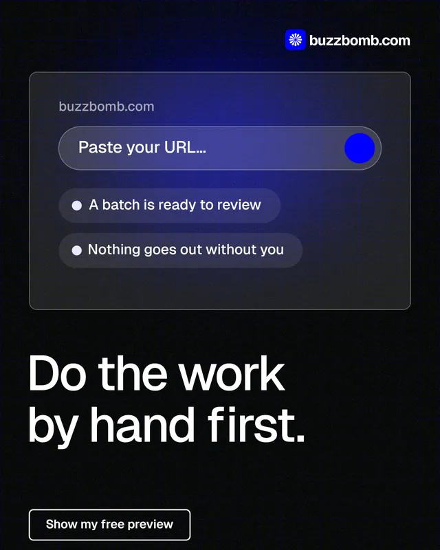 Instagram portrait post for BuzzBomb: "Do the work by hand first." Phosphor atlas style, bottom layout, dark palette in black, blue, grey.