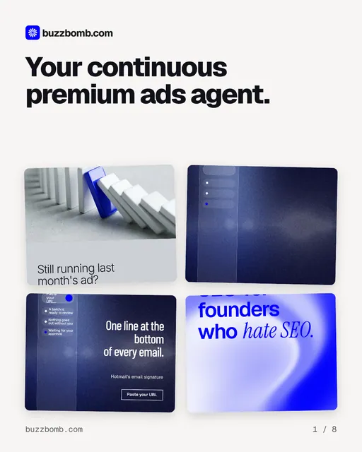 Carousel for BuzzBomb: "Your continuous premium ads agent.". Collection carousel, 8 slides, light palette.