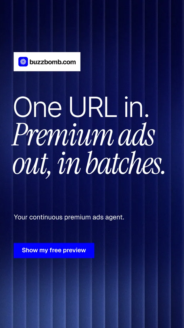 Instagram story for BuzzBomb: "One URL in. Premium ads out, in batches." Swiss style, announce layout, dark palette in blue.