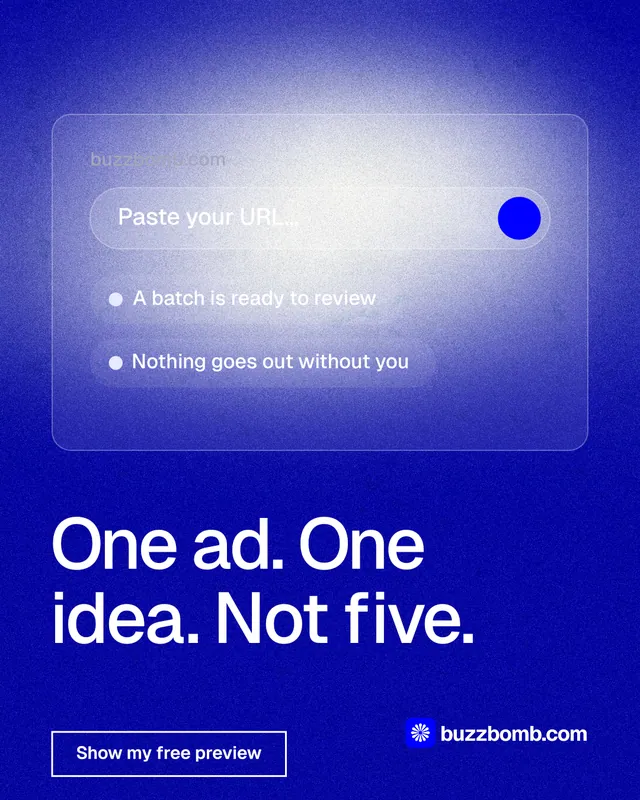 Instagram portrait post for BuzzBomb: "One ad. One idea. Not five." Cyanotype style, bottom layout, dark palette in blue.