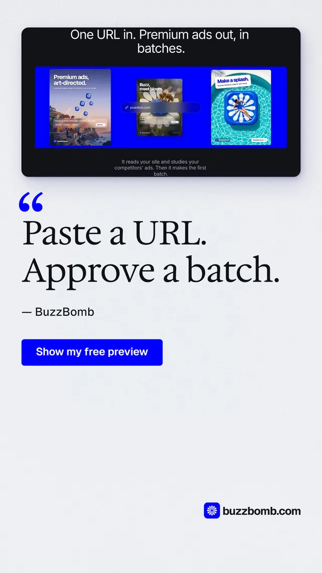 Instagram story for BuzzBomb: "Paste a URL. Approve a batch." Data card style, quote layout, light palette in white, blue.