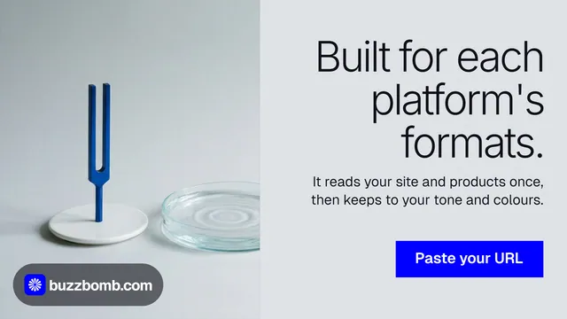 Landscape graphic for BuzzBomb: "Built for each platform's formats." Swiss style, right layout, light palette in white, grey, blue.