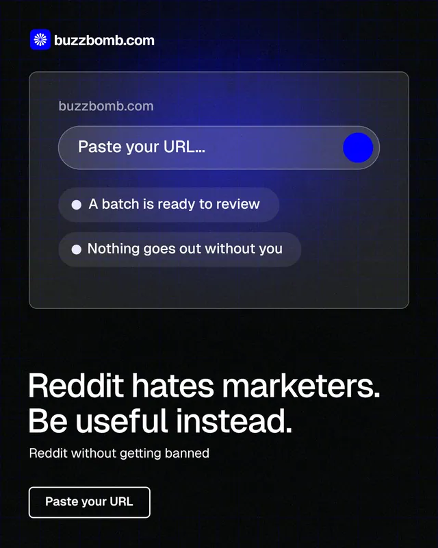 Instagram portrait post for BuzzBomb: "Reddit hates marketers. Be useful instead." Phosphor atlas style, bottom layout, dark palette in black, blue, grey.