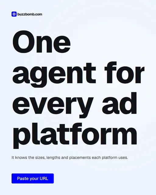 Video for BuzzBomb: "One agent for every ad platform". Doc motion loop, 8.0 s, light palette.