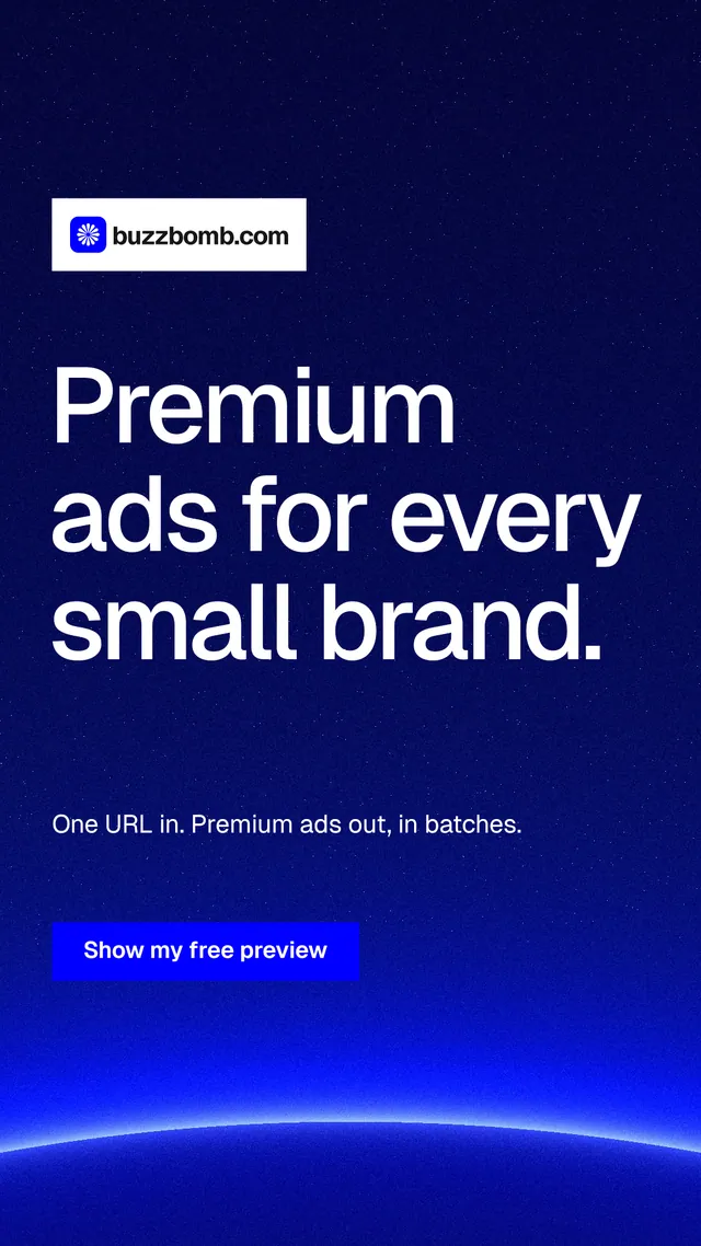 Instagram story for BuzzBomb: "Premium ads for every small brand." Swiss style, announce layout, dark palette in blue.