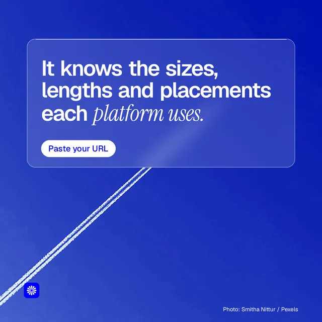 Instagram post for BuzzBomb: "It knows the sizes, lengths and placements each platform uses." Glass style, technique:pexels ingredient layout, dark palette in blue.