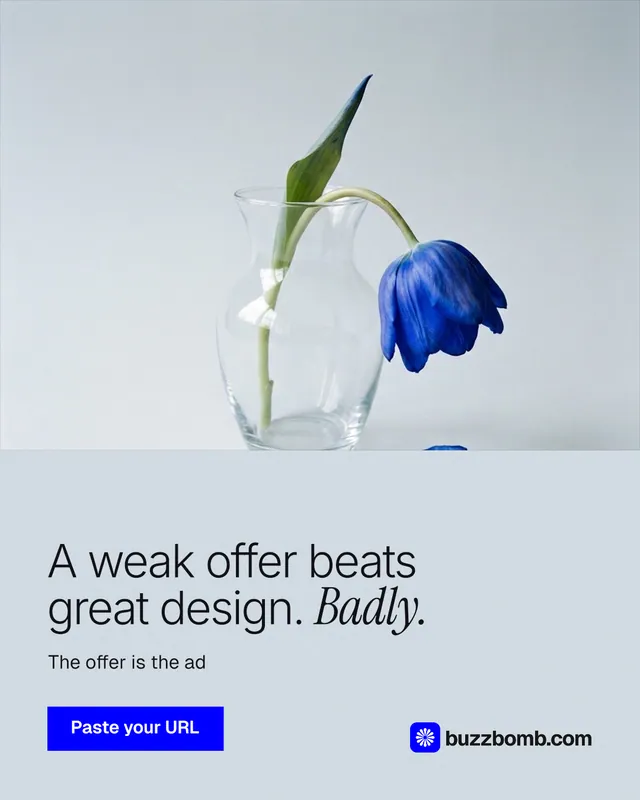 Instagram portrait post for BuzzBomb: "A weak offer beats great design. Badly." Swiss style, bottom layout, light palette in blue, white.