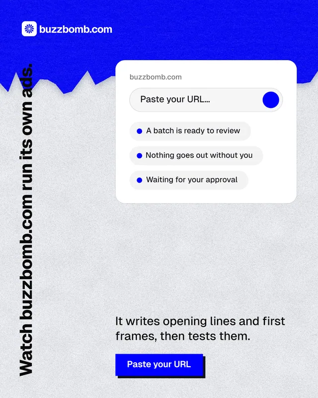Instagram portrait post for BuzzBomb: "Watch buzzbomb.com run its own ads." Paper trio style, vertical layout, light palette in white, blue.