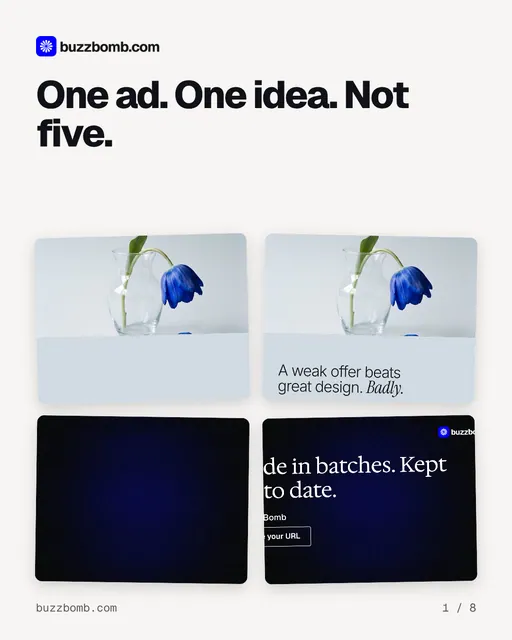 Carousel for BuzzBomb: "One ad. One idea. Not five.". Collection carousel, 8 slides, light palette.