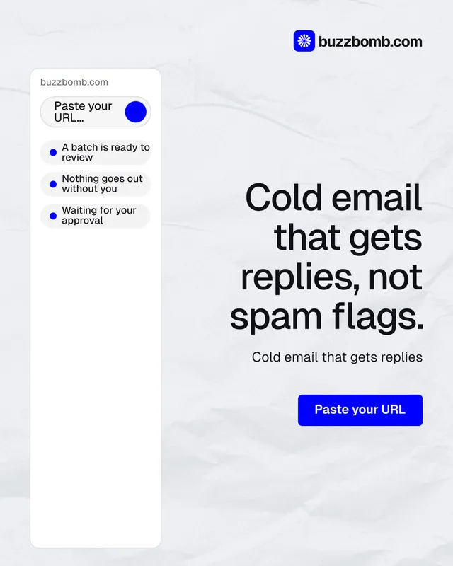 Instagram portrait post for BuzzBomb: "Cold email that gets replies, not spam flags." Data card style, right layout, light palette in white, blue.
