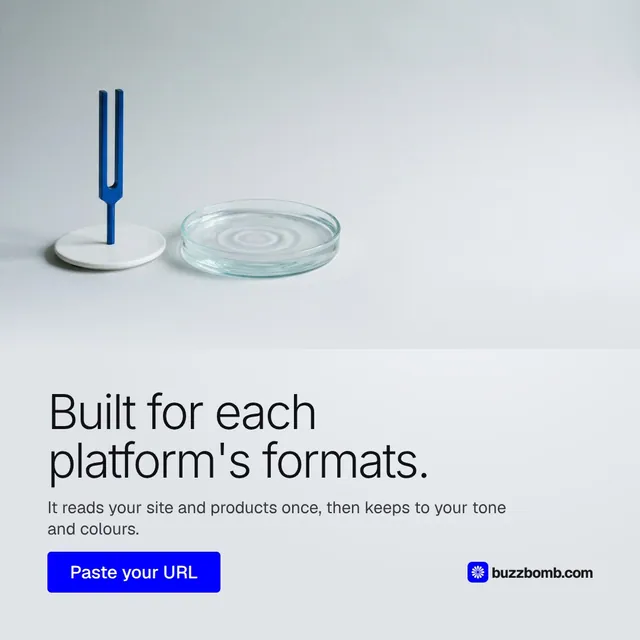 Video for BuzzBomb: "Built for each platform's formats.". Doc motion loop, 6.0 s, light palette.