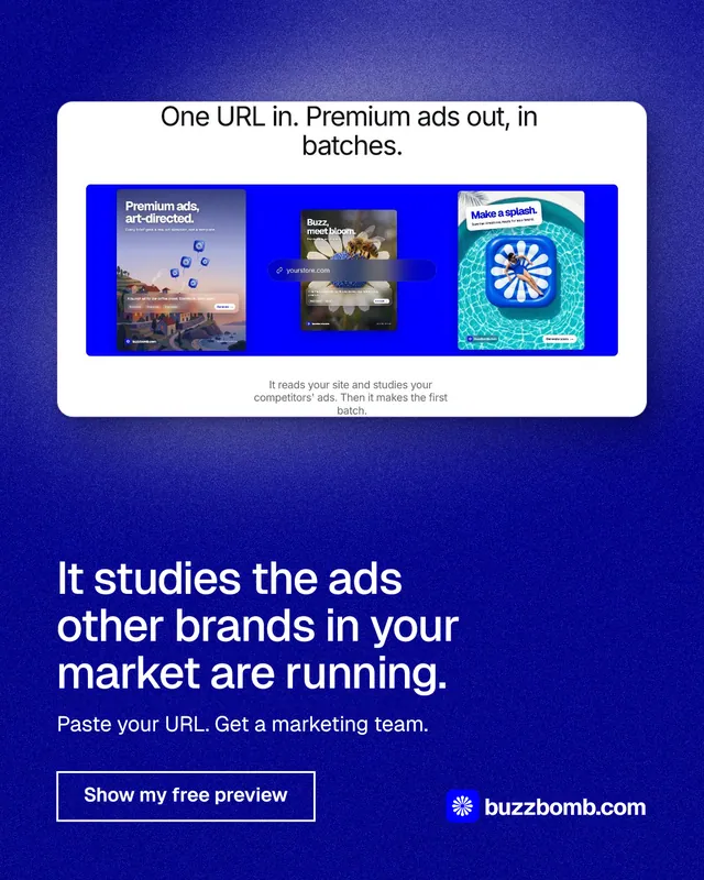Instagram portrait post for BuzzBomb: "It studies the ads other brands in your market are running." Cyanotype style, bottom layout, dark palette in blue.