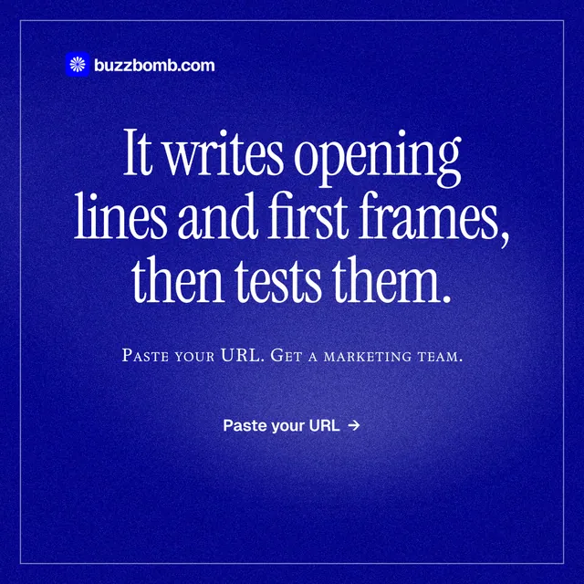Instagram post for BuzzBomb: "It writes opening lines and first frames, then tests them." Editorial style, smallcaps layout, dark palette in blue.