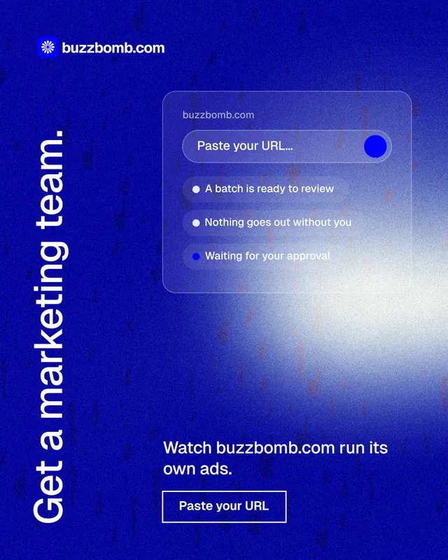Instagram portrait post for BuzzBomb: "Get a marketing team." Cyanotype style, vertical layout, dark palette in blue.
