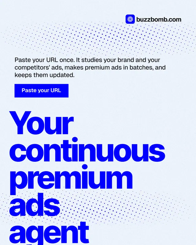 Instagram portrait post for BuzzBomb: "Your continuous premium ads agent." Swiss style, oversized layout, light palette in white, blue.