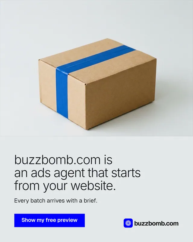 Instagram portrait post for BuzzBomb: "buzzbomb.com is an ads agent that starts from your website." Swiss style, bottom layout, light palette in white, grey.