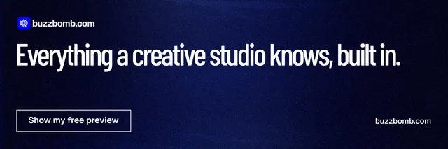 X header for BuzzBomb: "Everything a creative studio knows, built in." Dark deco style, poster layout, dark palette in black, blue, grey.