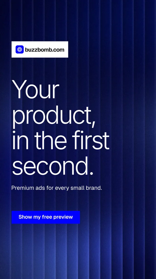 Instagram story for BuzzBomb: "Your product, in the first second." Swiss style, announce layout, dark palette in blue.