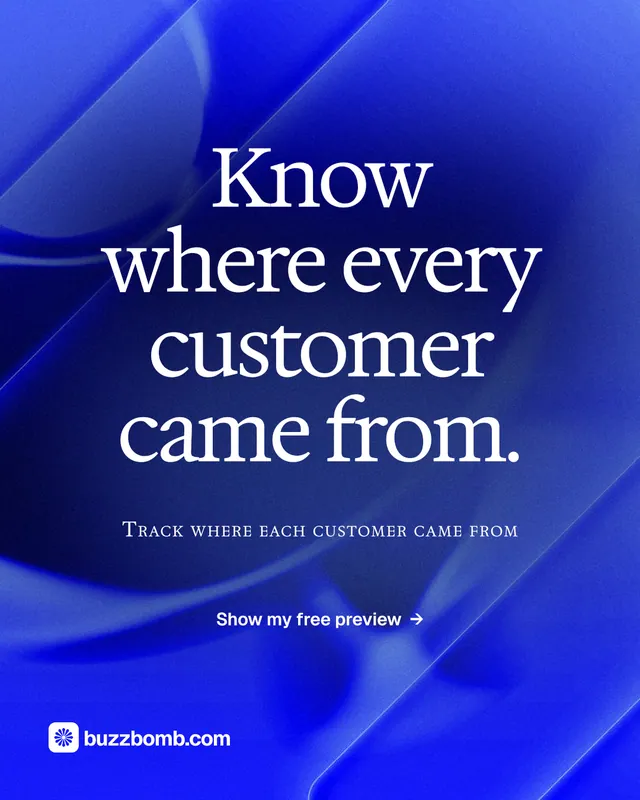 Instagram portrait post for BuzzBomb: "Know where every customer came from." Swiss style, smallcaps layout, dark palette in blue.