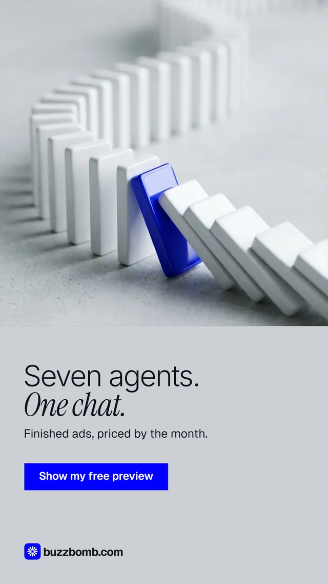Instagram story for BuzzBomb: "Seven agents. One chat." Swiss style, bottom layout, light palette in white, grey.