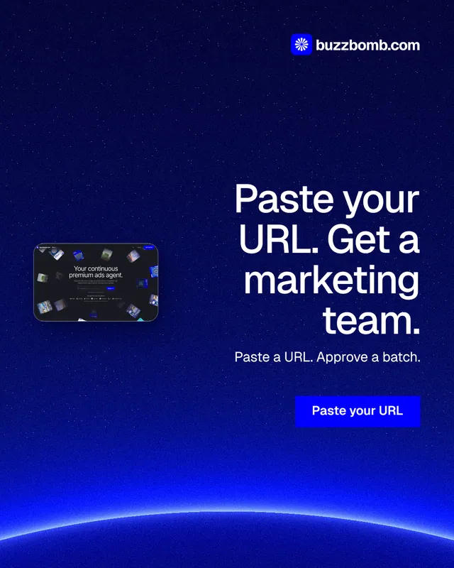 Instagram portrait post for BuzzBomb: "Paste your URL. Get a marketing team." Swiss style, right layout, dark palette in blue.