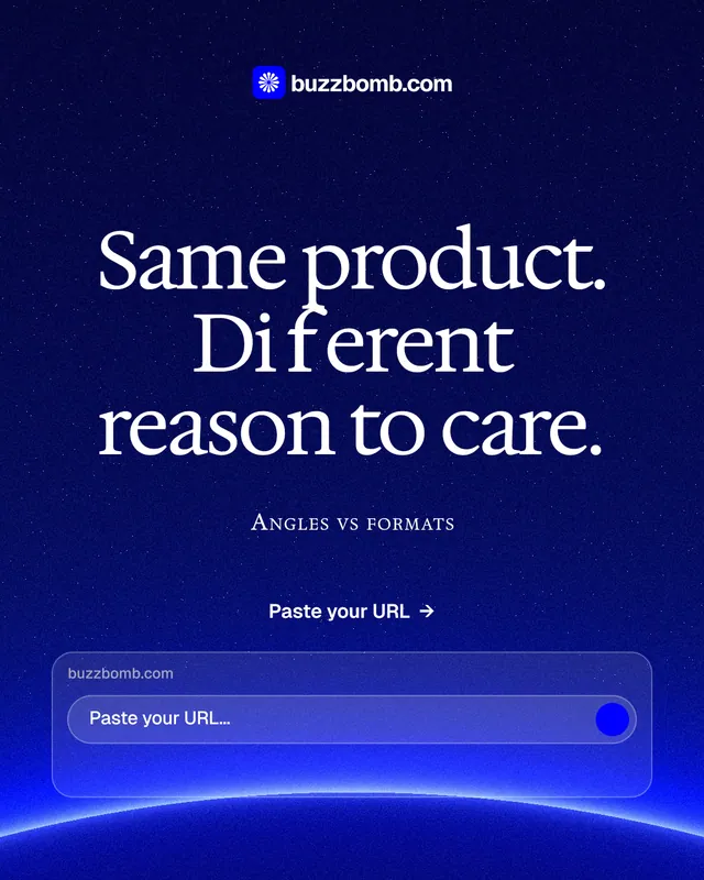 Instagram portrait post for BuzzBomb: "Same product. Different reason to care." Swiss style, smallcaps layout, dark palette in blue.