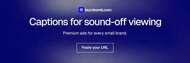 X header for BuzzBomb: "Captions for sound-off viewing". Cyanotype style, centred layout, dark palette in blue.