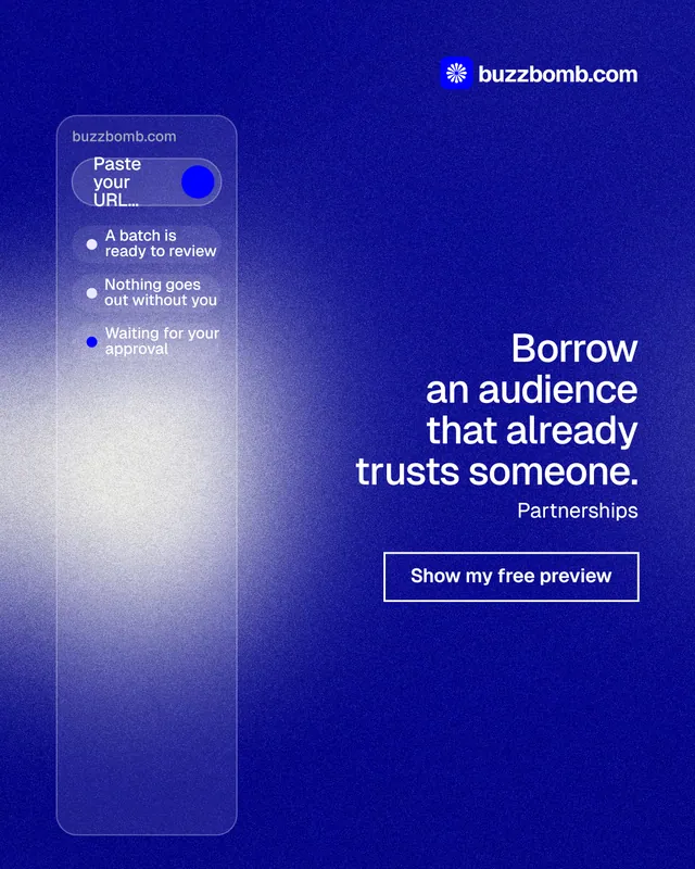 Instagram portrait post for BuzzBomb: "Borrow an audience that already trusts someone." Cyanotype style, right layout, dark palette in blue.